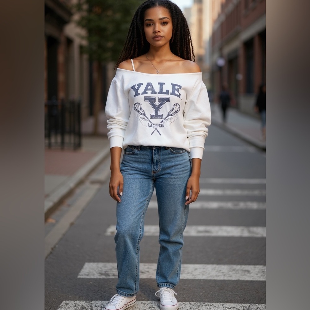 YALE Lacrosse Sweatshirt Oversized Off Shoulder Slouchy Cream Navy Collegiate